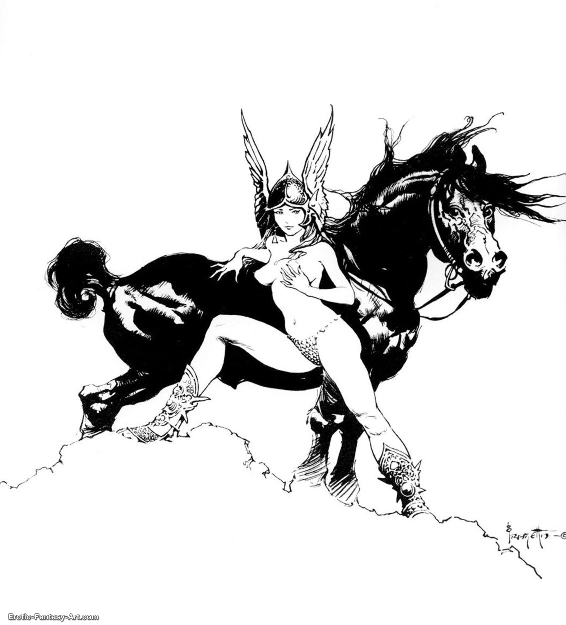 Bw Girl And Black Horse