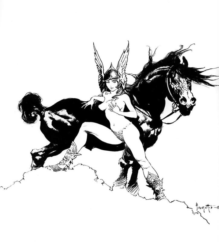 BW Girl And Black Horse By Frank Frazetta