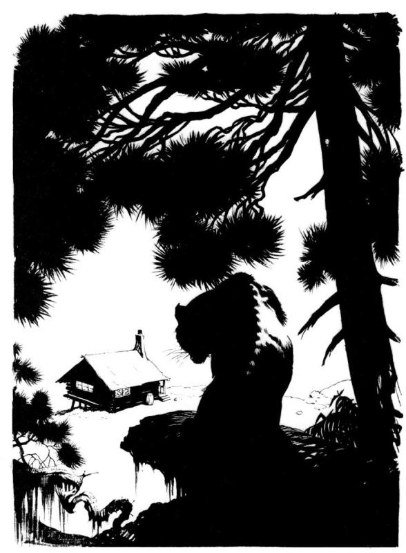 BW Lioness Watching Cabin By Frank Frazetta