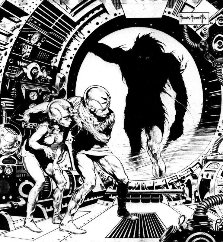 BW Monster Entering Space Vehicle By Frank Frazetta
