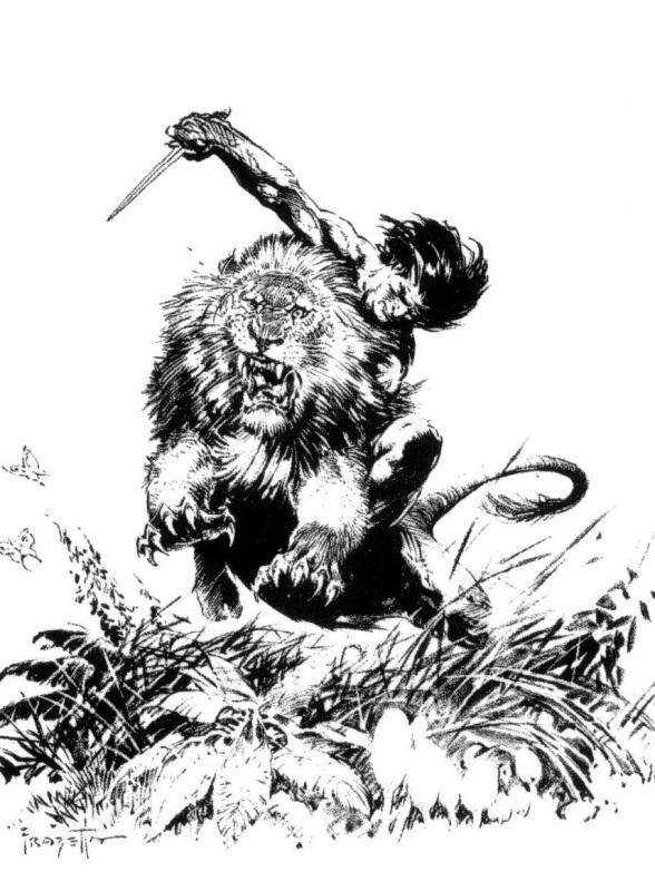 BW Tarzan Kills Lion By Frank Frazetta