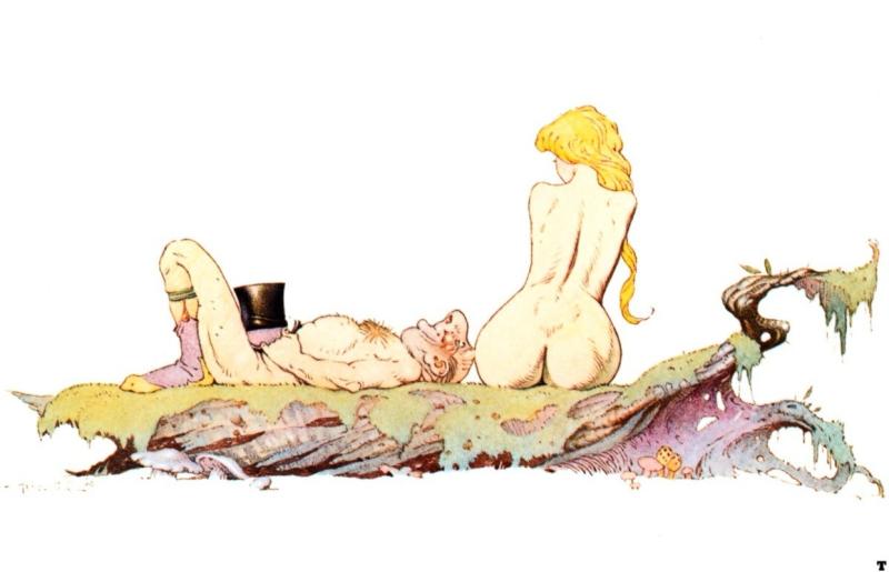 Girl Observed By Undressed Man With Hat By Frank Frazetta