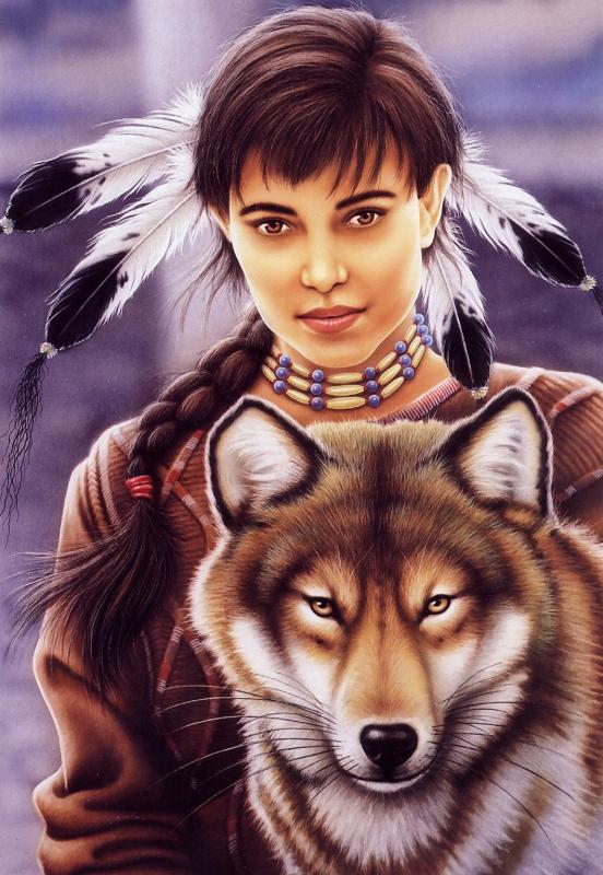 indian maiden and wolf